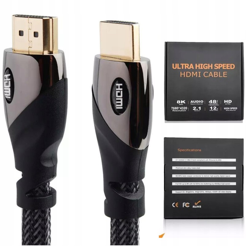 Kabel HDMI 2.1 MIEDŹ 8K 60HZ 4K 120Hz 48Gbps 1m