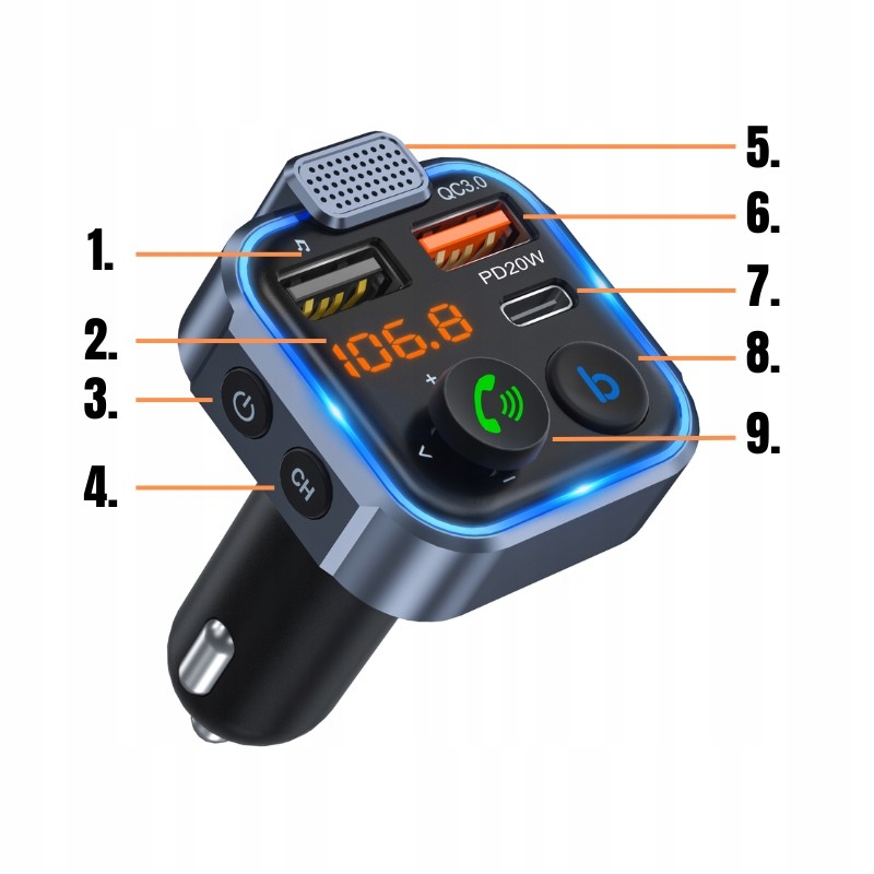 TRANSMITER BLUETOOTH FM AUDIO Samochodowy MP3 BT Do Samochodu Auta RGB TRANSMITER BLUETOOTH FM AUDIO Samochodowy MP3 BT Do Samochodu Auta RGB