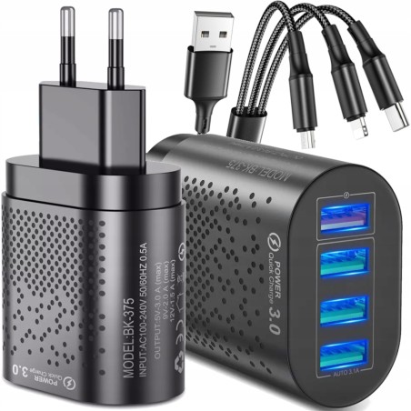 ŁADOWARKA USB C SIECIOWA DO TELEFONU MOCNA QC 3.0 48W KABEL Nylonowy 3w1